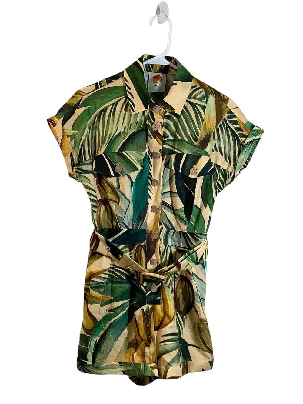 Farm Rio Tropical Leaf Button-Front Utility Romper - Green